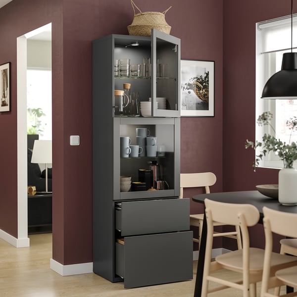 BESTÅ storage combination w glass doors, dark grey Lappviken/Sindvik dark grey, 60x42x193 cm
