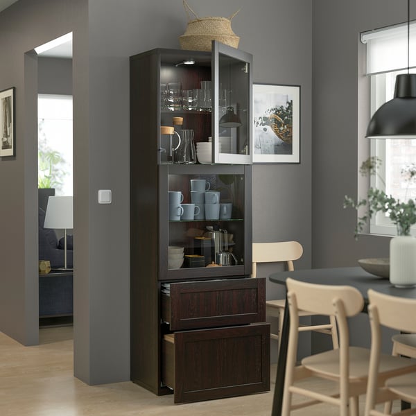 BESTÅ storage combination w glass doors, black-brown/Hanviken black-brown clear glass, 60x42x193 cm