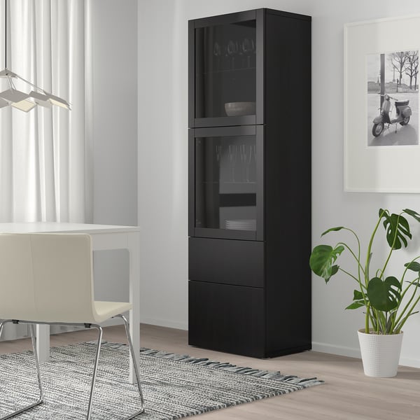 BESTÅ storage combination w glass doors, black-brown/Lappviken black-brown clear glass, 60x42x193 cm