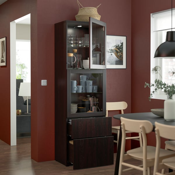 BESTÅ storage combination w glass doors, black-brown/Lappviken black-brown clear glass, 60x42x193 cm
