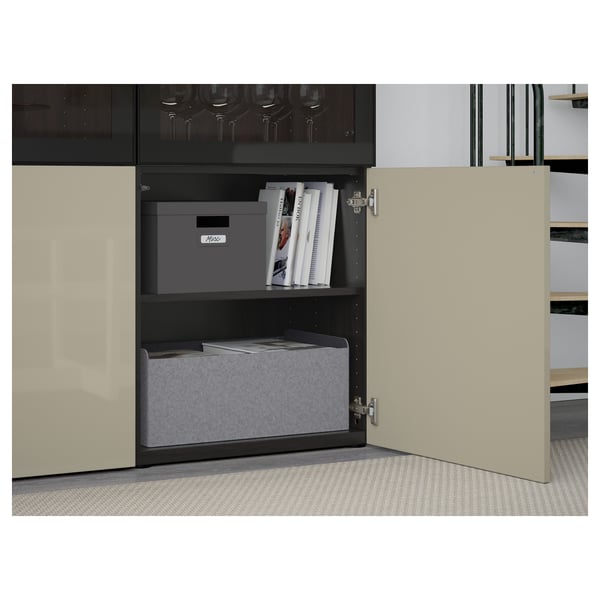 BESTÅ storage combination w glass doors, black-brown/Selsviken high-gloss/beige clear glass, 120x42x193 cm