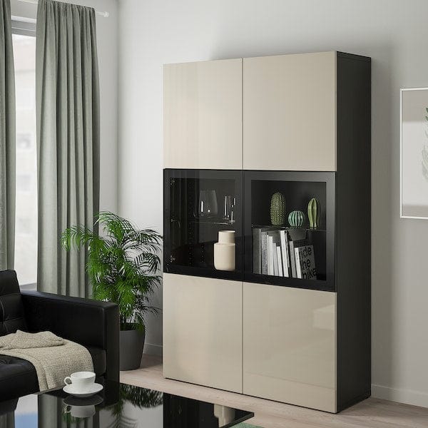 Ikea BESTÅ Combination with glass doors - brown-black/Glossy Selsviken/transparent beige glass 120x42x193 cm , 120x42x193 cm