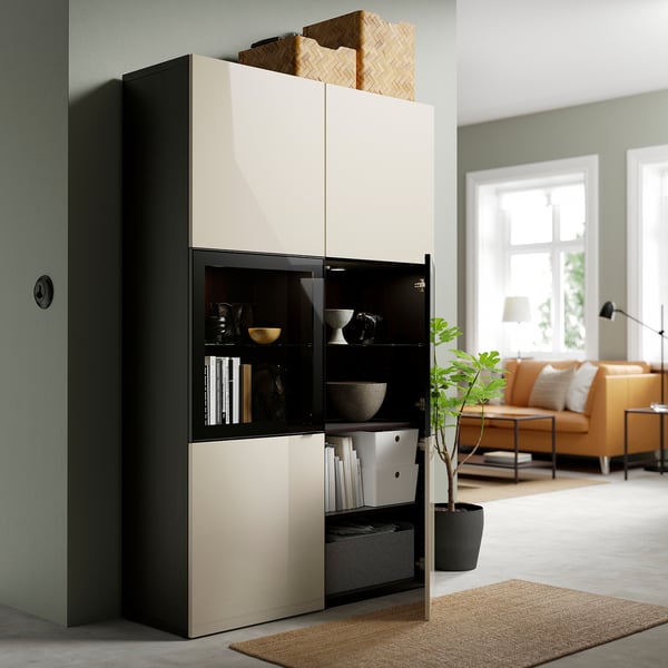 BESTÅ storage combination w glass doors, black-brown/Selsviken high-gloss/beige clear glass, 120x42x193 cm