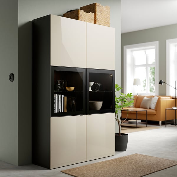 BESTÅ storage combination w glass doors, black-brown/Selsviken high-gloss/beige clear glass, 120x42x193 cm