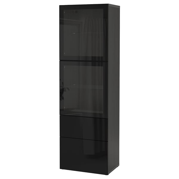 BESTÅ storage combination w glass doors, black-brown/Selsviken high-gloss/black clear glass, 60x42x193 cm