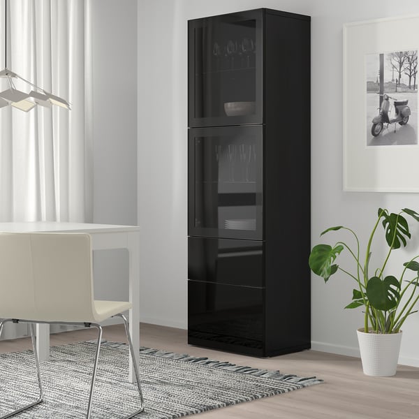 BESTÅ storage combination w glass doors, black-brown/Selsviken high-gloss/black clear glass, 60x42x193 cm