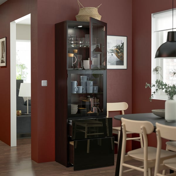 BESTÅ storage combination w glass doors, black-brown/Selsviken high-gloss/black clear glass, 60x42x193 cm