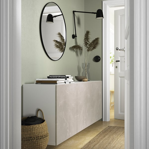 BESTÅ wall-mounted cabinet combination, white Bergsviken/beige marble effect, 180x42x64 cm