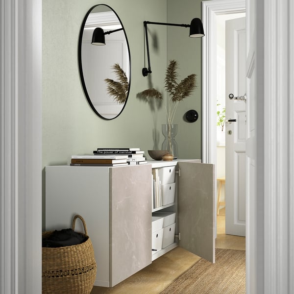 BESTÅ wall-mounted cabinet combination, white Bergsviken/beige marble effect, 180x42x64 cm