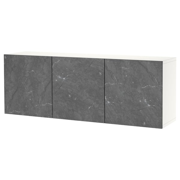 BESTÅ wall-mounted cabinet combination, white Bergsviken/black marble effect, 180x42x64 cm