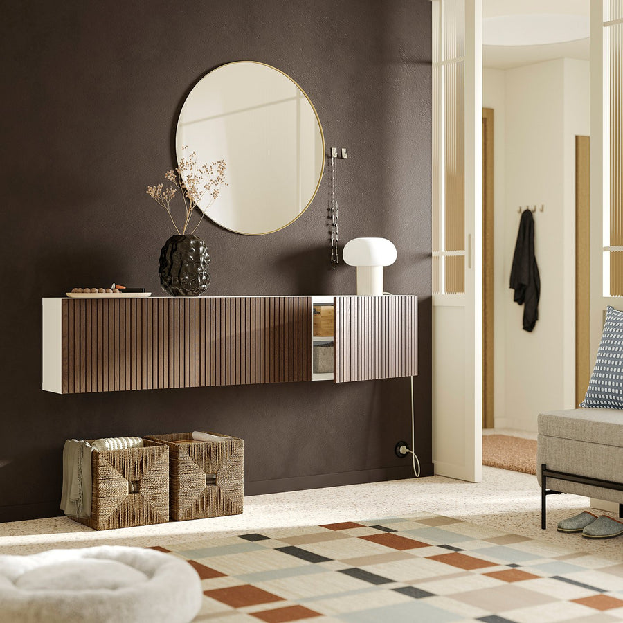 BESTÅ wall-mounted cabinet combination, white brown/Björköviken stained oak veneer, 180x22x38 cm