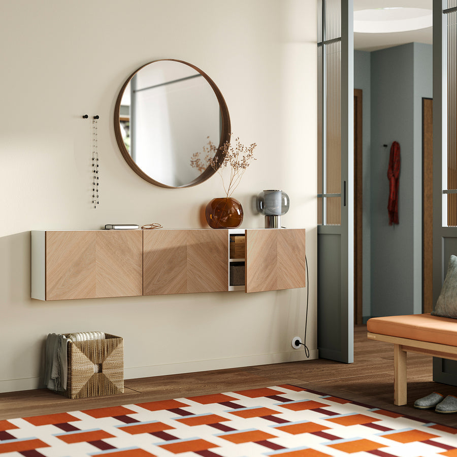 BESTÅ wall-mounted cabinet combination, white/Hedeviken oak veneer, 180x22x38 cm