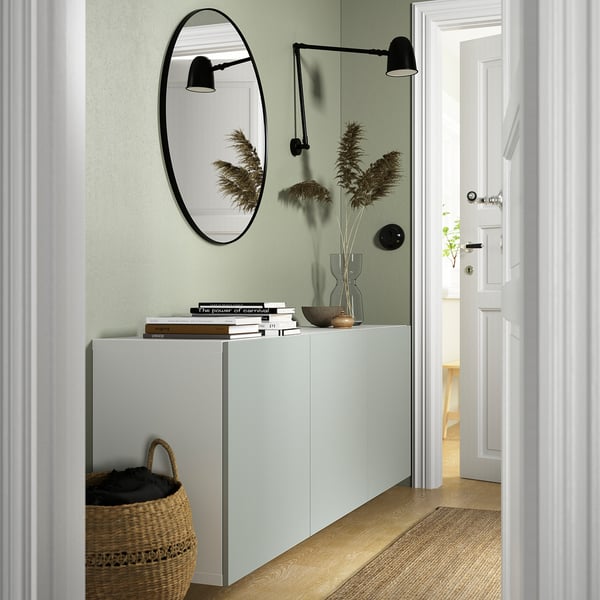 BESTÅ wall-mounted cabinet combination, white/Hjortviken pale grey-green, 180x42x64 cm