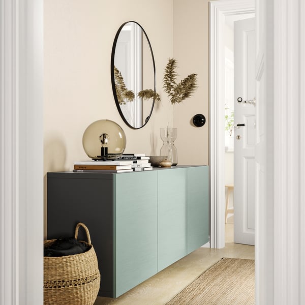 BESTÅ wall-mounted cabinet combination, dark grey/Hjortviken pale grey-green, 180x42x64 cm