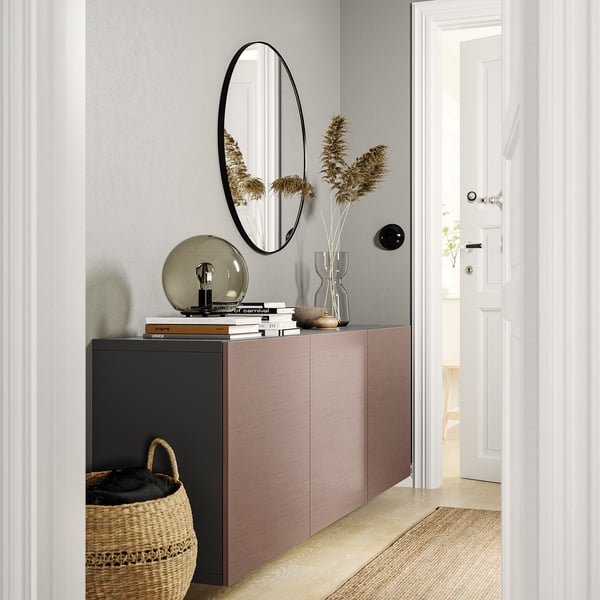BESTÅ wall-mounted cabinet combination, dark grey/Hjortviken brown, 180x42x64 cm