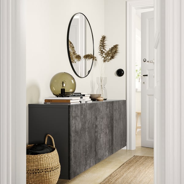 BESTÅ wall-mounted cabinet combination, dark grey/Kallviken concrete effect, 180x42x64 cm