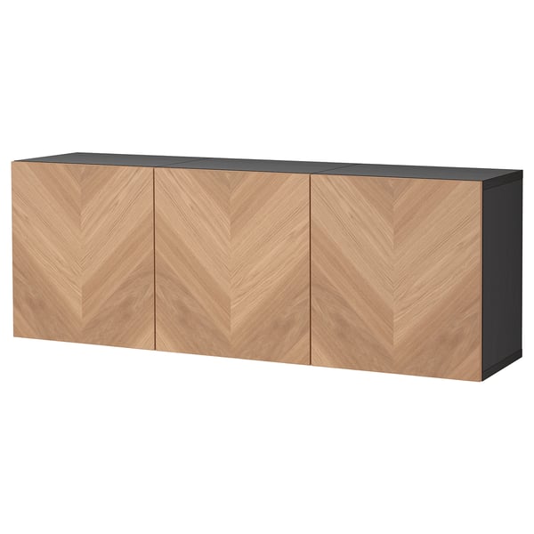 BESTÅ wall-mounted cabinet combination, black-brown Hedeviken/oak veneer, 180x42x64 cm