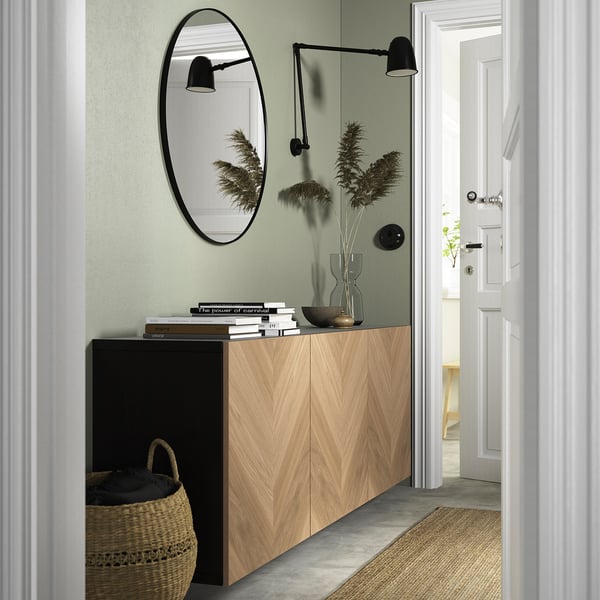 BESTÅ wall-mounted cabinet combination, black-brown Hedeviken/oak veneer, 180x42x64 cm