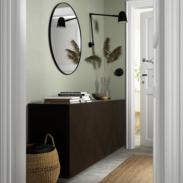 BESTÅ wall-mounted cabinet combination, black-brown Hedeviken/dark brown stained oak veneer, 180x42x64 cm