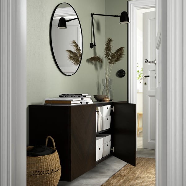 BESTÅ wall-mounted cabinet combination, black-brown Hedeviken/dark brown stained oak veneer, 180x42x64 cm