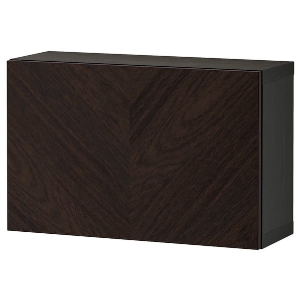 BESTÅ wall-mounted cabinet combination, black-brown Hedeviken/dark brown stained oak veneer, 60x22x38 cm