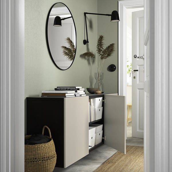 BESTÅ wall-mounted cabinet combination, black-brown/Lappviken light grey-beige, 180x42x64 cm
