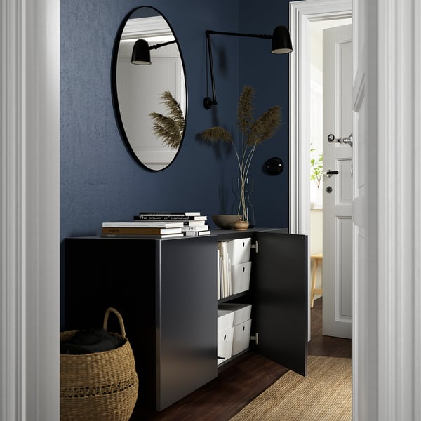BESTÅ wall-mounted cabinet combination, black-brown/Riksviken brushed dark pewter effect, 180x42x64 cm