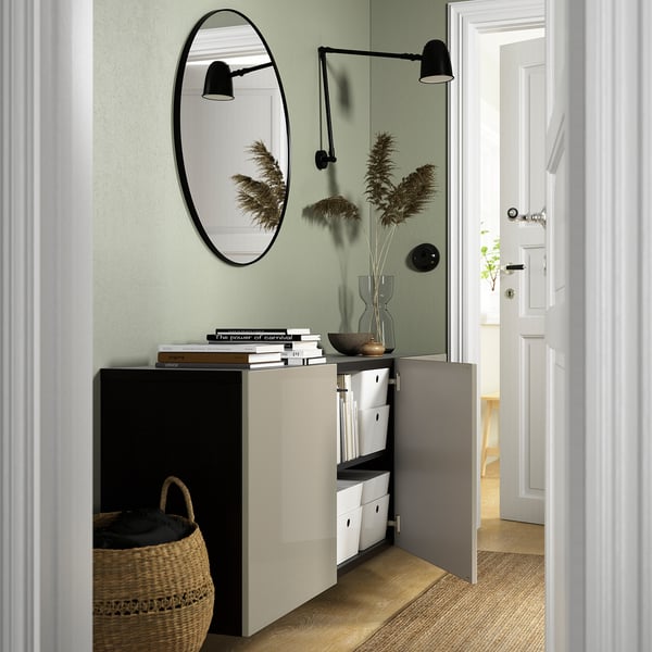 BESTÅ wall-mounted cabinet combination, black-brown/Selsviken high-gloss/beige, 180x42x64 cm