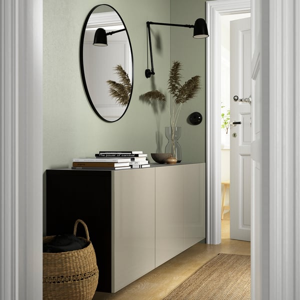 BESTÅ wall-mounted cabinet combination, black-brown/Selsviken high-gloss/beige, 180x42x64 cm