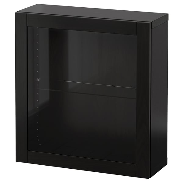 BESTÅ wall-mounted cabinet combination, black-brown/Sindvik black-brown clear glass, 60x22x64 cm