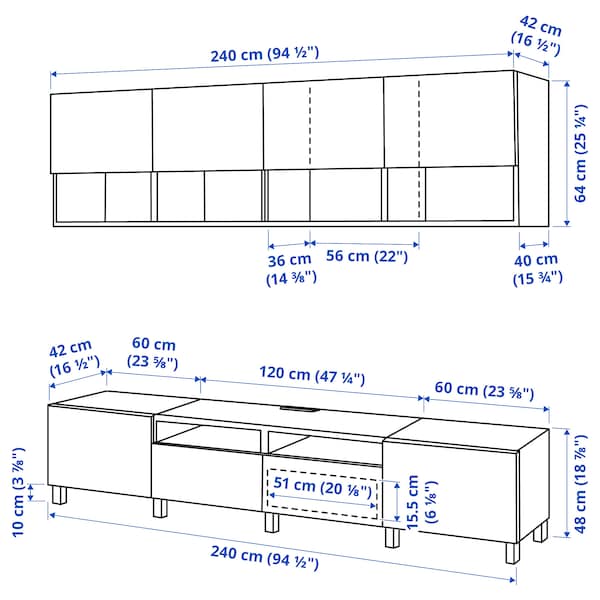 Ikea BESTÅ - TV storage combination, white/Hanviken/Stubbarp white, 240x42x230 cm