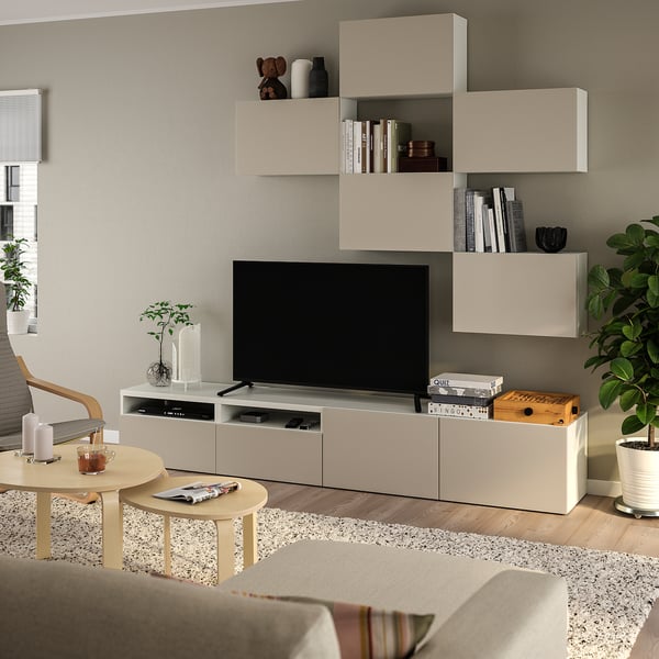 BESTÅ TV storage combination, white Lappviken/light grey-beige, 240x42x230 cm
