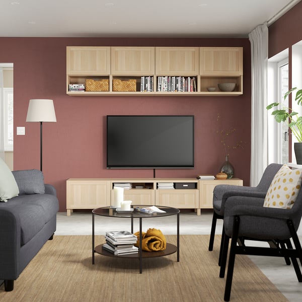 BESTÅ TV storage combination, white stained oak effect/Hanviken/Stubbarp white stained oak effect, 240x42x230 cm