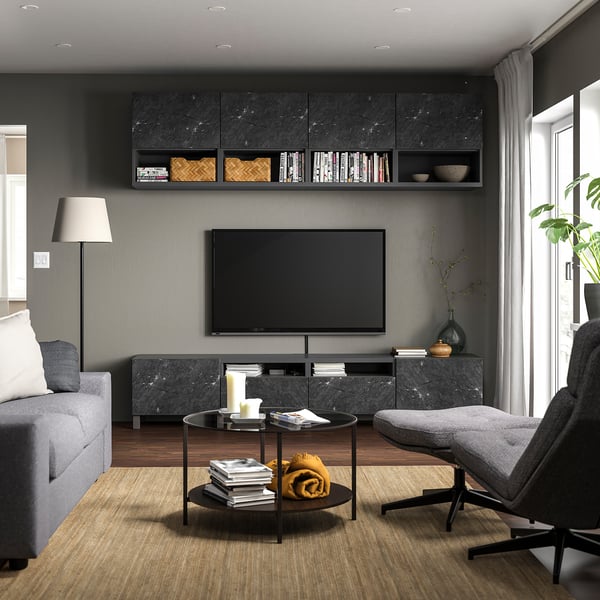BESTÅ TV storage combination, dark grey/Bergsviken/Stubbarp black, 240x42x230 cm