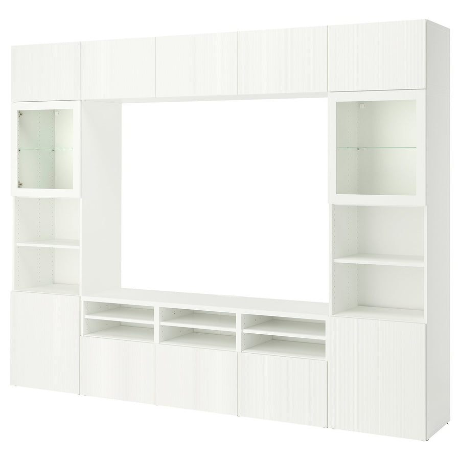 BESTÅ TV storage combination/glass doors, white/Förvaltare white, 300x42x231 cm
