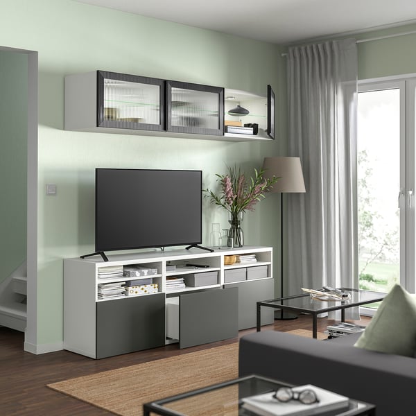 BESTÅ TV storage combination/glass doors, white Lappviken/Fällsvik anthracite, 180x42x192 cm