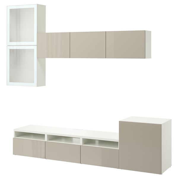 BESTÅ TV storage combination/glass doors, white/Selsviken high-gloss/beige frosted glass, 300x42x211 cm