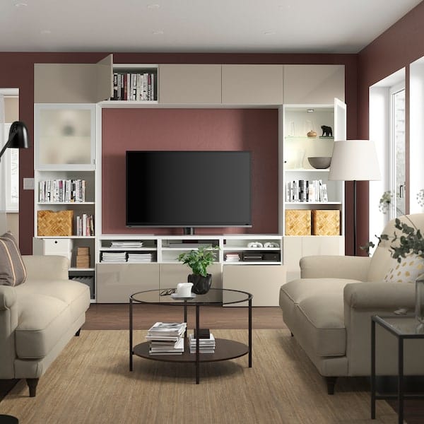 Ikea BESTÅ - TV combination / glass doors, white / Selsviken high-gloss / beige frosted glass, 300x42x231 cm