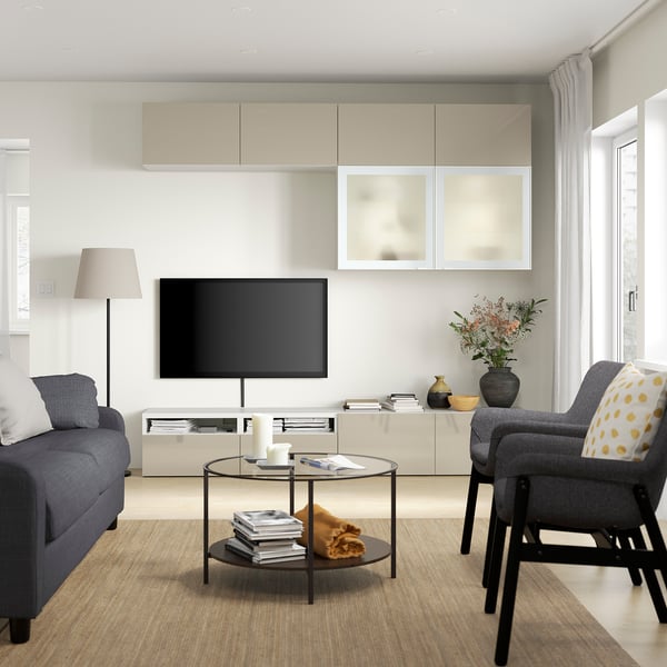 BESTÅ TV storage combination/glass doors, white/Selsviken high-gloss/beige frosted glass, 240x42x231 cm