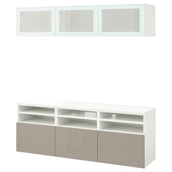 Ikea BESTÅ - TV combination / glass doors, white / Selsviken high-gloss / beige frosted glass, 180x42x192 cm