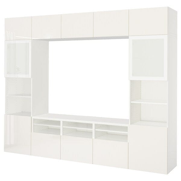 Ikea BESTÅ - TV/glass combination, white/Selsviken polished/white frosted glass,300x42x231 cm
