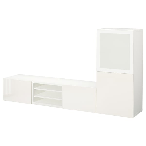 Ikea BESTÅ - TV/glass combination, white/Selsviken polished/white frosted glass,240x42x129 cm