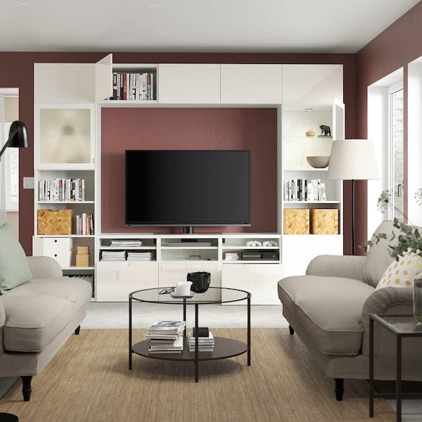 Ikea BESTÅ - TV/glass combination, white/Selsviken polished/white frosted glass,300x42x231 cm