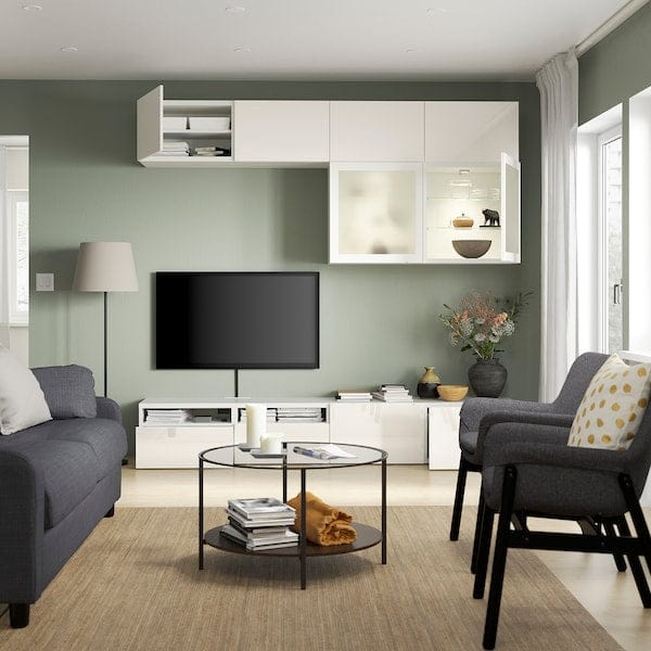 Ikea BESTÅ - TV/glass combination, white/Selsviken polished/white frosted glass,240x42x231 cm