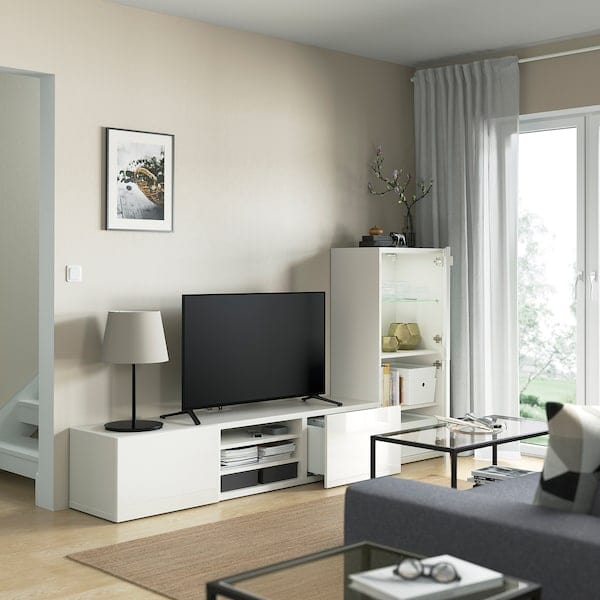 Ikea BESTÅ - TV/glass combination, white/Selsviken polished/white frosted glass,240x42x129 cm