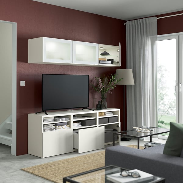 BESTÅ TV storage combination/glass doors, white/Selsviken high-gloss/white frosted glass, 180x42x192 cm