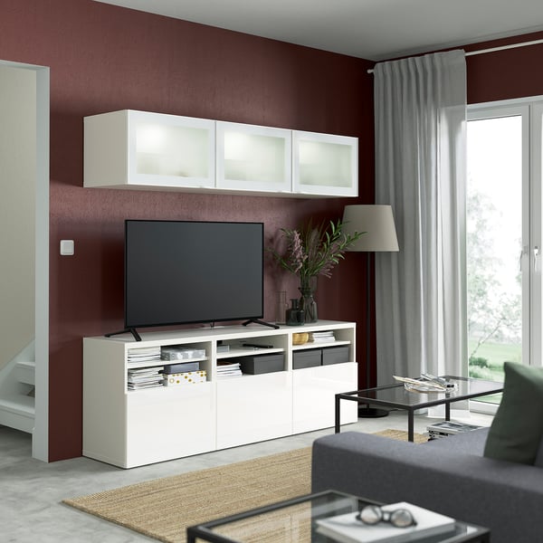 BESTÅ TV storage combination/glass doors, white/Selsviken high-gloss/white frosted glass, 180x42x192 cm