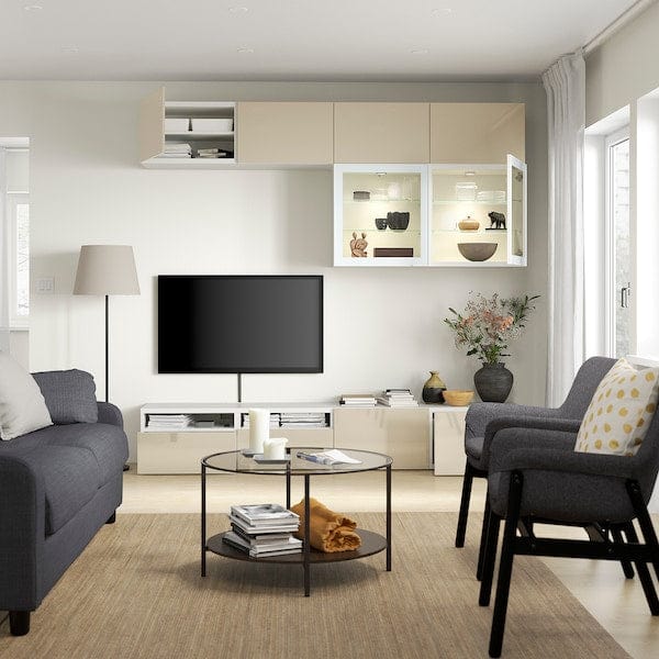 Ikea BESTÅ - TV combination / glass doors, white / Selsviken high-gloss / beige clear glass, 240x42x231 cm ,