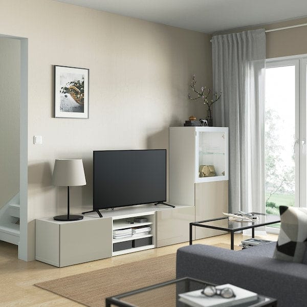 Ikea BESTÅ - TV combination / glass doors, white / Selsviken high-gloss / beige clear glass, 240x42x129 cm