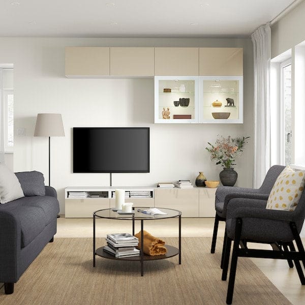 Ikea BESTÅ - TV combination / glass doors, white / Selsviken high-gloss / beige clear glass, 240x42x231 cm ,